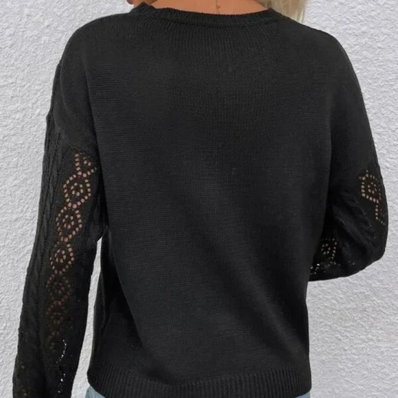 Lace Detailed Long sleeve Knit Sweater  Top Black - Picture 6 of 6